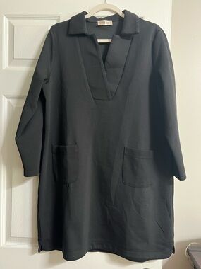 Black Long-Sleeve V-Neck Shift Dress with Pockets